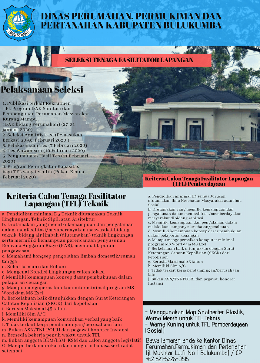 PENGUMUMAN SELEKSI TENAGA FASILITATOR LAPANGAN DINAS PERUMAHAN, PEMUKIMAN DAN PERTANAHAN