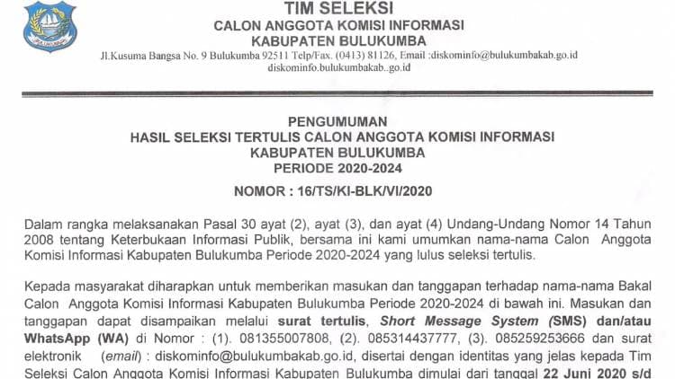 PENGUMUMAN HASIL SELEKSI TERTULIS CALON ANGGOTA KOMISI INFORMASI KABUPATEN BULUKUMBA PERIODE 2020-2024