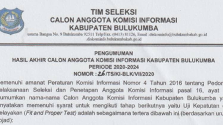 Pengumuman Hasil Akhir Calon Anggota Komisi Informasi Periode 2020-2024