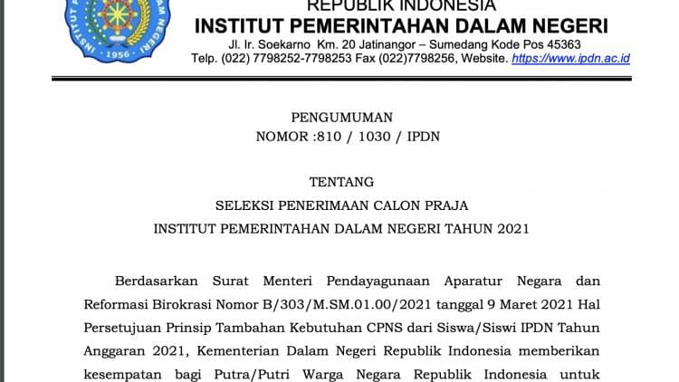 SELEKSI PENERIMAAN CALON PRAJA INSTITUT PEMERINTAHAN DALAM NEGERI TAHUN 2021