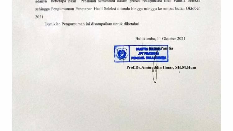 PENUNDAAN PENGUMUMAN HASIL SELEKSI TERBUKA JPT PRATAMA SEKRETARIS DAERAH KABUPATEN BULUKUMBA
